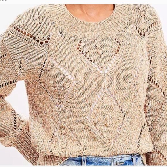 Loft Tan Marled Geo Pointelle Bobble Sweater Size Medium NWT - Picture 2 of 9